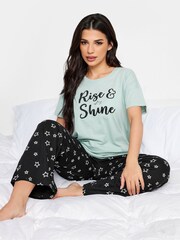 PixieGirl Petite Green 'Rise & Shine' Slogan Wide Leg 100% Cotton Pyjama Set - Image 3 of 4