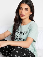 PixieGirl Petite Green 'Rise & Shine' Slogan Wide Leg 100% Cotton Pyjama Set - Image 4 of 4