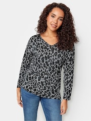 M&Co Grey Leopard Print V-Neck Top - Image 1 of 4