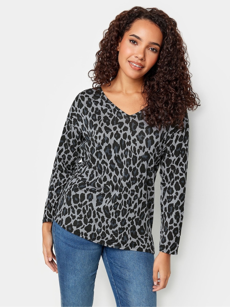 M&Co Grey Leopard Print V-Neck Top - Image 1 of 4