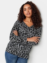 M&Co Grey Leopard Print V-Neck Top - Image 4 of 4