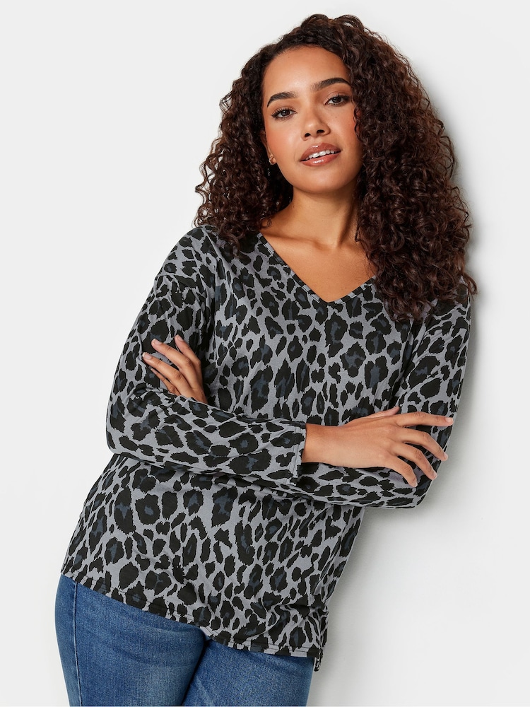 M&Co Grey Leopard Print V-Neck Top - Image 4 of 4