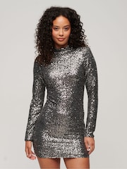 Superdry Silver Sequin Mock Neck Mini Dress - Image 1 of 8