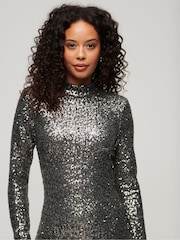 Superdry Silver Sequin Mock Neck Mini Dress - Image 3 of 8