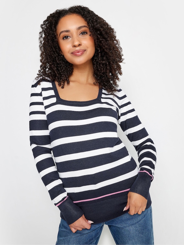 M&Co Navy Blue & White Petite Long Sleeve Stripe Jumper - Image 1 of 6