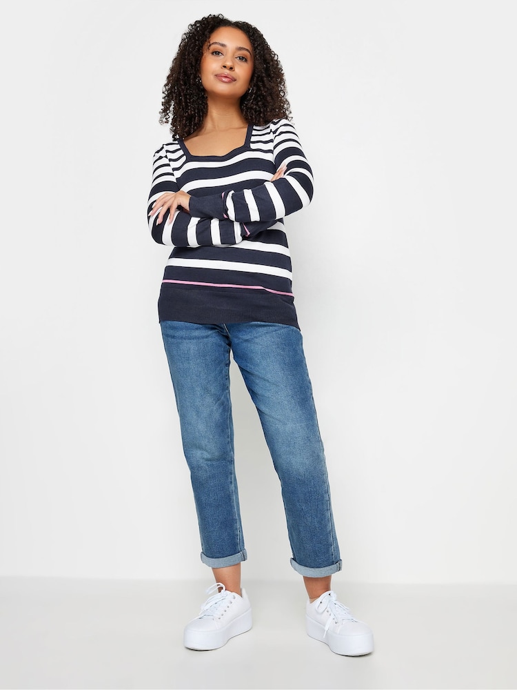 M&Co Navy Blue & White Petite Long Sleeve Stripe Jumper - Image 4 of 6
