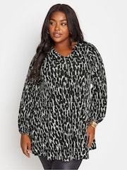 Yours Curve Black/Cream Balloon Sleeve Pleated Front Leopard Print Top - Image 1 of 4