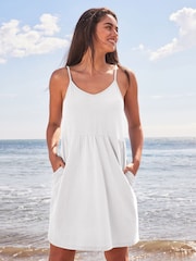 White Cotton Seersucker Mini V-Neck Cami Summer Dress - Image 1 of 4