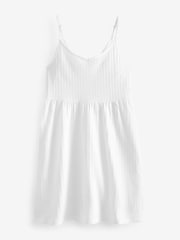 White Cotton Seersucker Mini V-Neck Cami Summer Dress - Image 4 of 4
