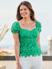 Sosandar Green Guipure Sweetheart Puff Sleeve Top - Image 3 of 7