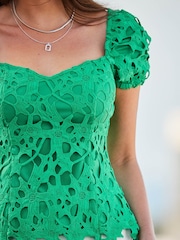 Sosandar Green Guipure Sweetheart Puff Sleeve Top - Image 7 of 7