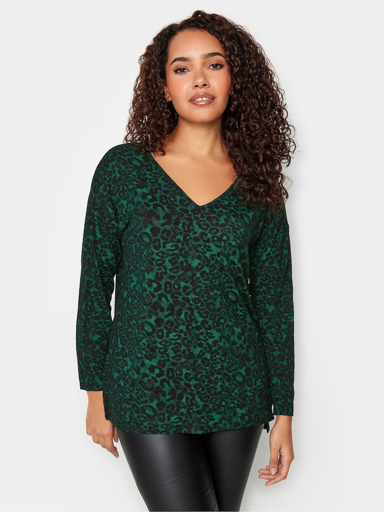 M&Co Green Leopard Print V-Neck Top - Image 1 of 4