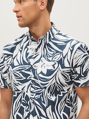 Navy/White Printed Floral Short Sleeve Oxford Shirt - Image 1 of 9