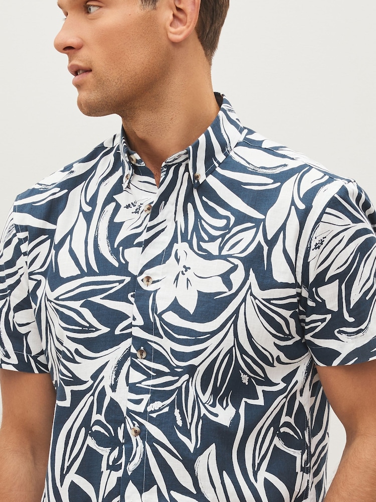 Navy/White Printed Floral Short Sleeve Oxford Shirt - Image 1 of 9