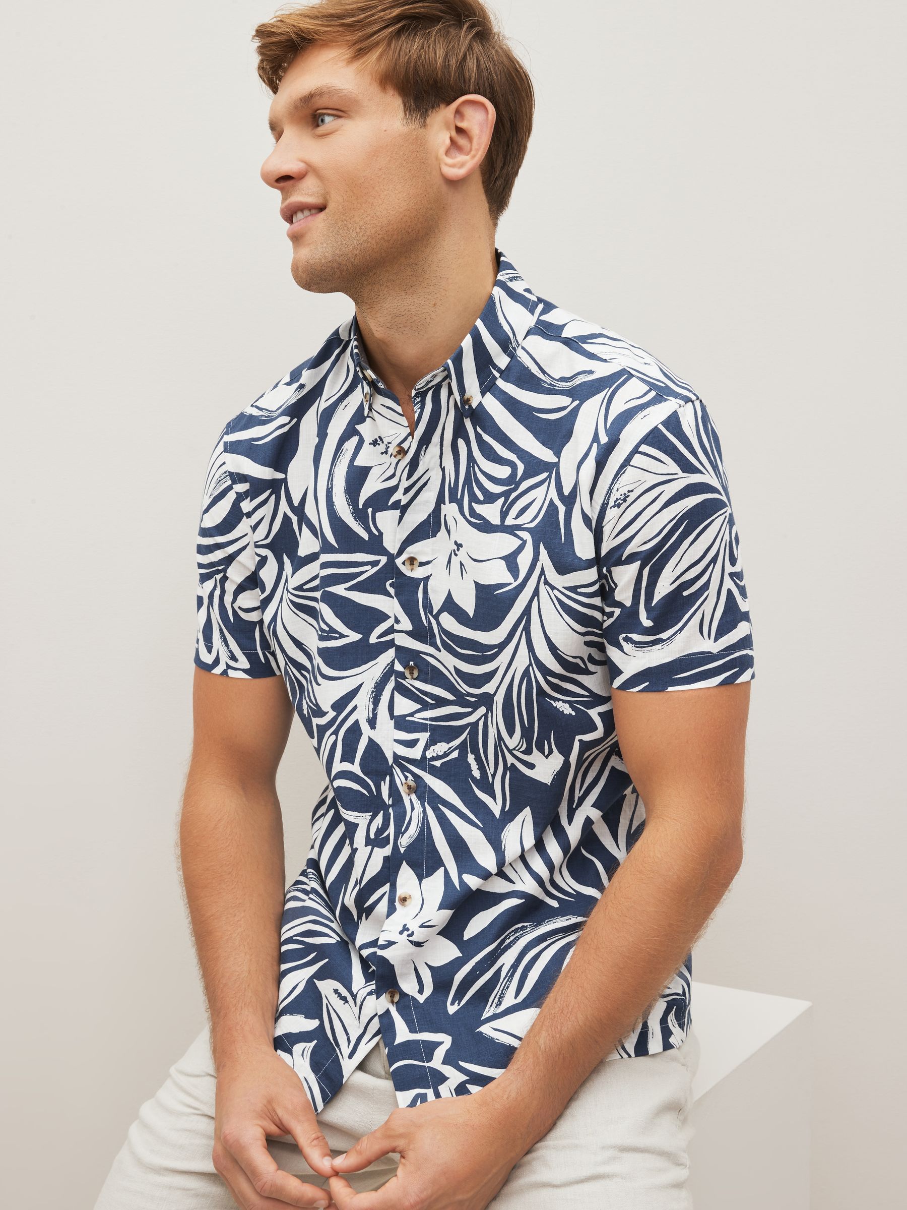 Buy Navy/White Printed Floral Short Sleeve Oxford Shirt from the Next UK  online shop