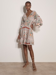 Apricot Green Patchwork Print Smocked Mini Dress - Image 1 of 5