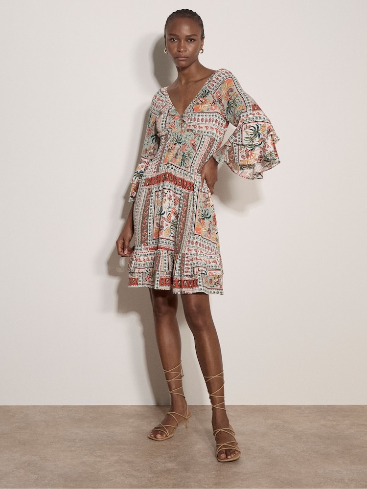 Apricot Green Patchwork Print Smocked Mini Dress - Image 1 of 5 Apricot Green Patchwork Print Smocked Mini Dress - Image 1 of 5