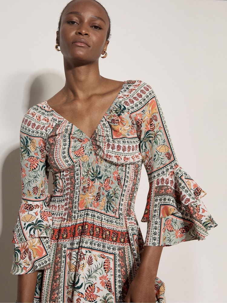 Apricot Green Patchwork Print Smocked Mini Dress - Image 2 of 5 Apricot Green Patchwork Print Smocked Mini Dress - Image 2 of 5