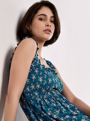 Apricot Blue Orchid Print Smocked Midi Dress - Image 4 of 4