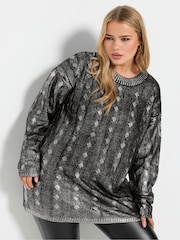 Yours Curve Charcoal Grey Foil Cable Knit Tunic Jumper - Image 1 of 5