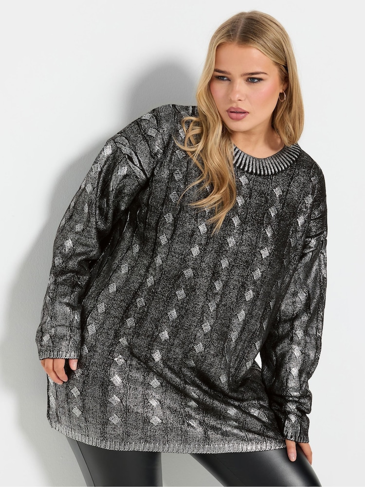 Yours Curve Charcoal Grey Foil Cable Knit Tunic Jumper - Image 1 of 5