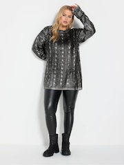 Yours Curve Charcoal Grey Foil Cable Knit Tunic Jumper - Image 2 of 5