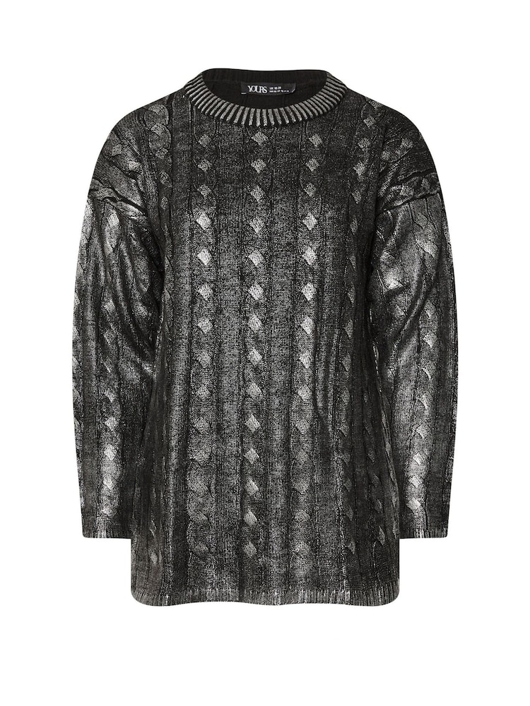 Yours Curve Charcoal Grey Foil Cable Knit Tunic Jumper - Image 5 of 5