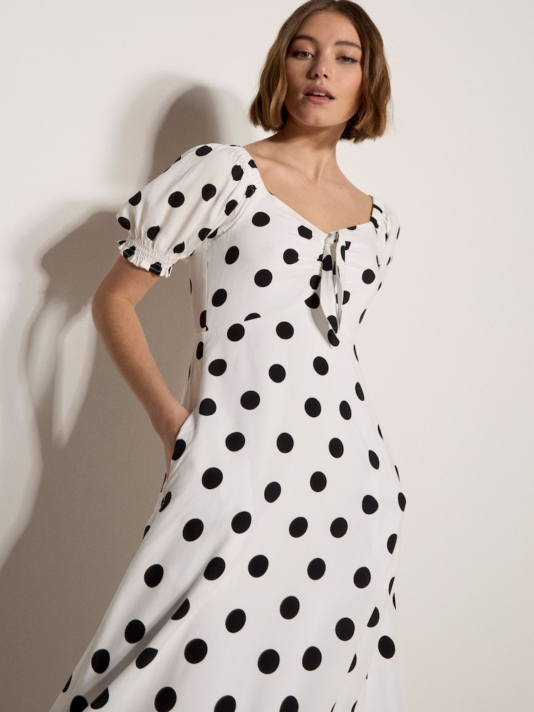 Apricot White Polka Dot Bow Detail Midi Dress - Image 1 of 4 Apricot White Polka Dot Bow Detail Midi Dress - Image 1 of 4