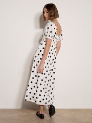 Apricot White Polka Dot Bow Detail Midi Dress - Image 2 of 4