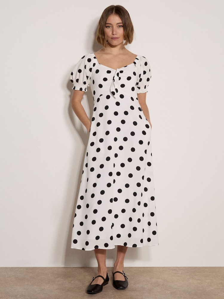 Apricot White Polka Dot Bow Detail Midi Dress - Image 4 of 4 Apricot White Polka Dot Bow Detail Midi Dress - Image 4 of 4
