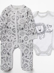 Little Gent Grey Lion Print Cotton 3-Piece Baby Gift Set - Image 1 of 5