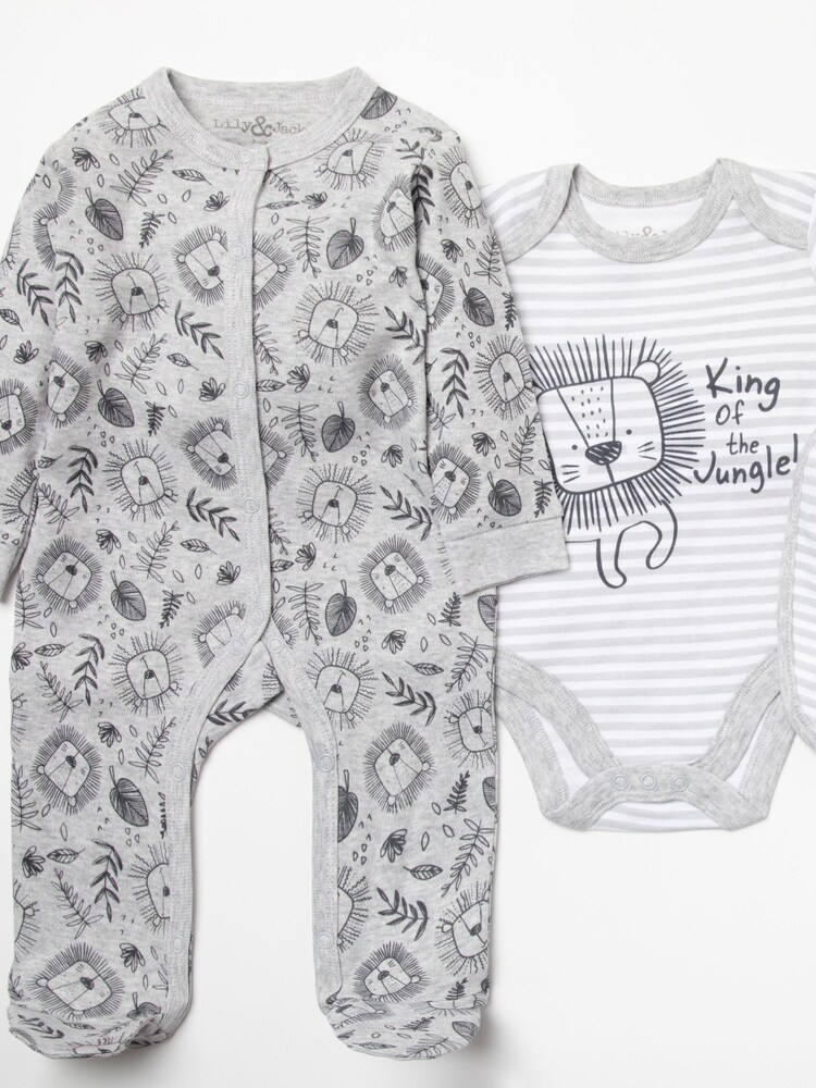 Little Gent Grey Lion Print Cotton 3-Piece Baby Gift Set - Image 1 of 5