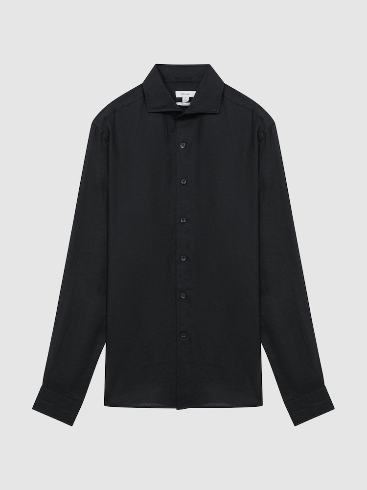 Reiss Black Rex Linen Cutaway Collar Shirt - Image 2 of 5