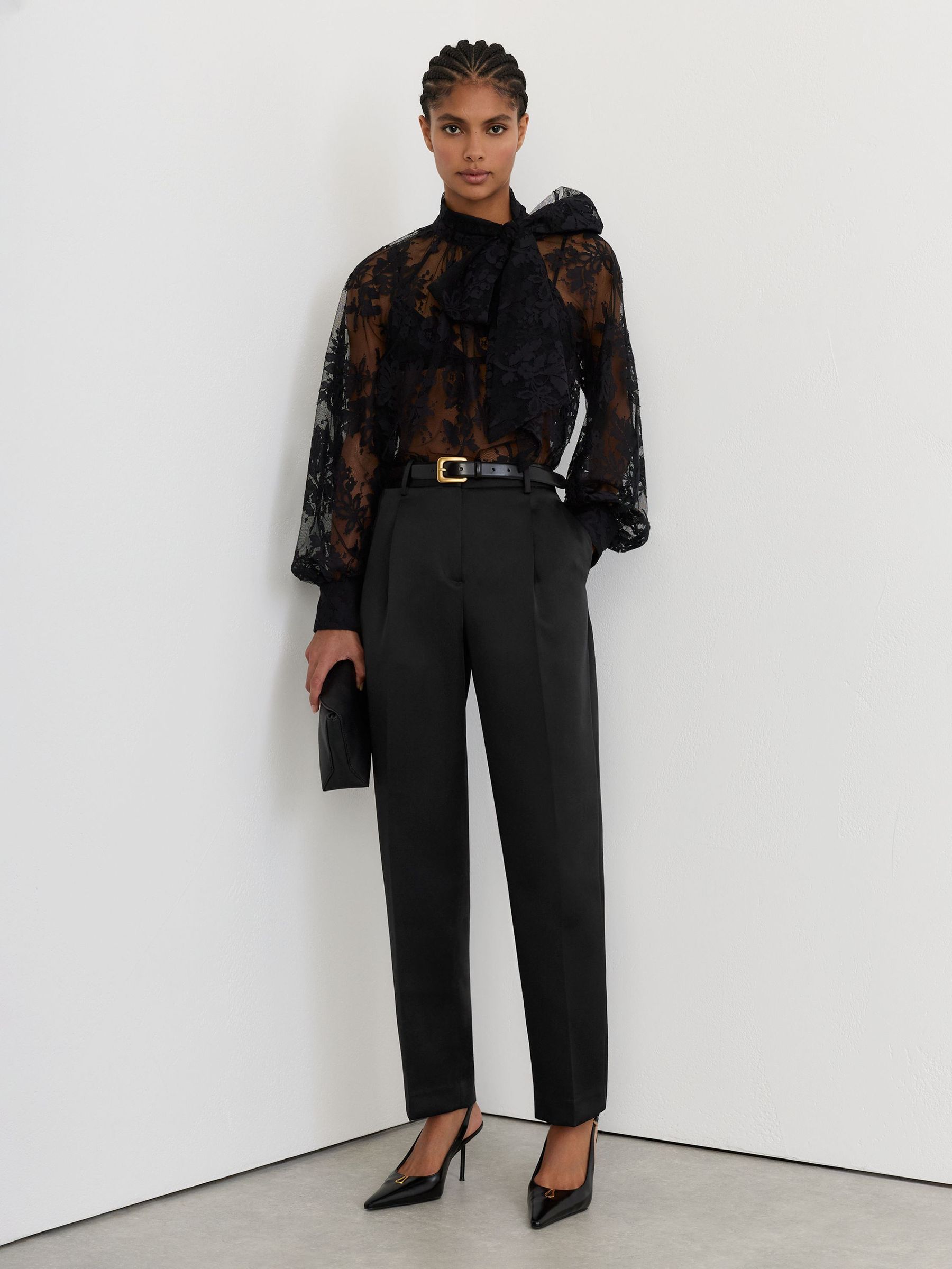 Reiss Black Ellen Petite Satin Single-pleated Trousers