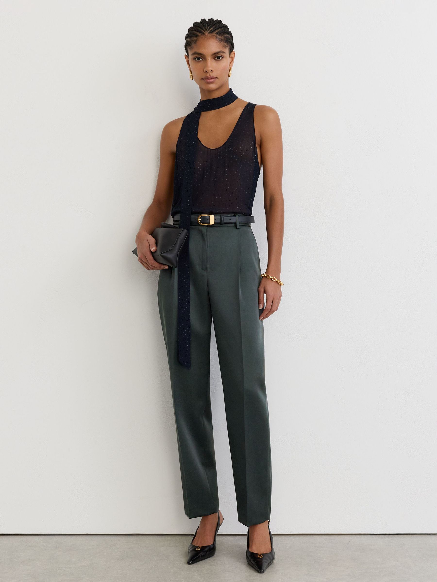 Reiss Green Ellen Petite Satin Single-pleated Trousers