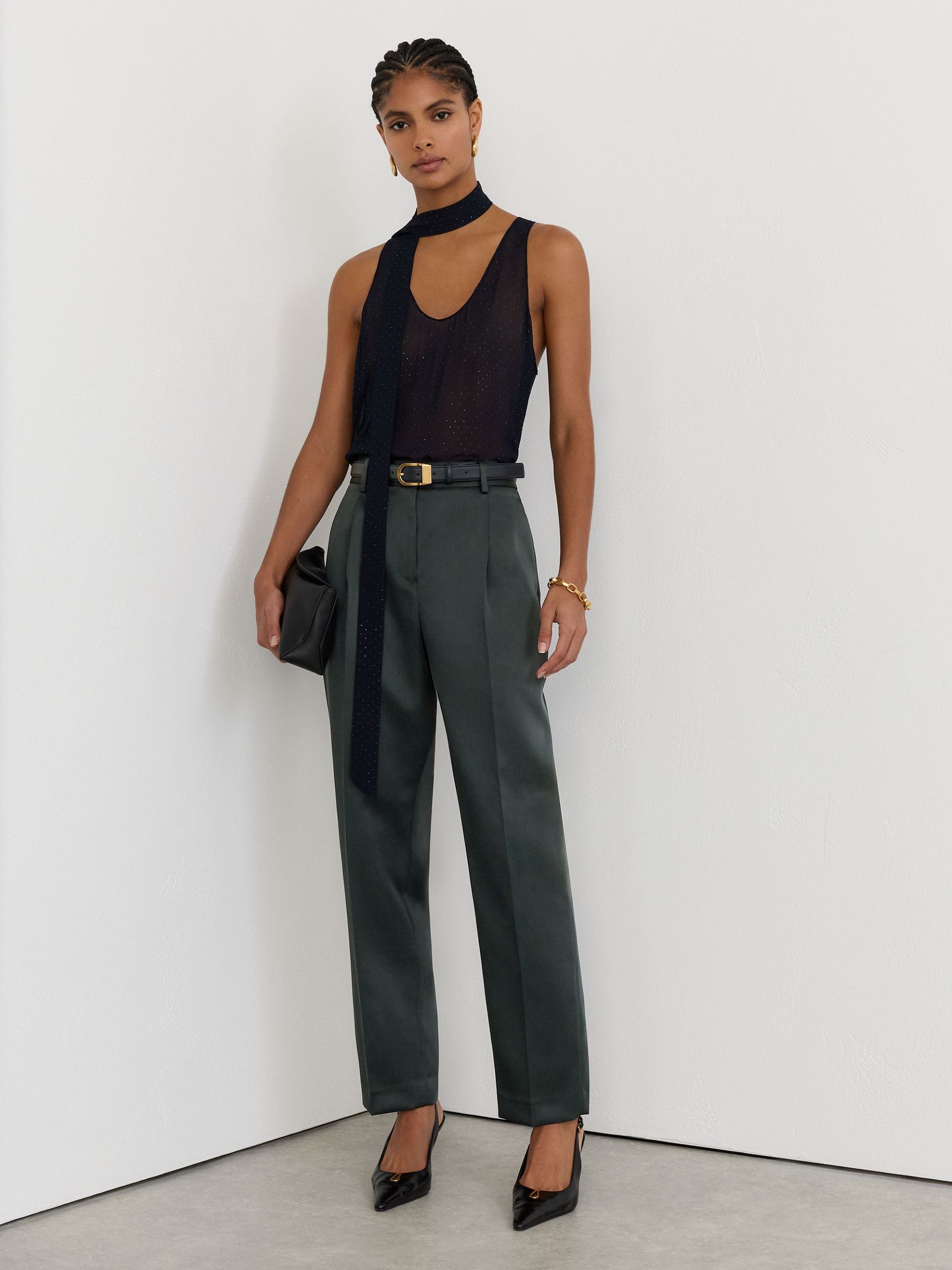 Reiss Green Ellen Satin Single-pleated Trousers