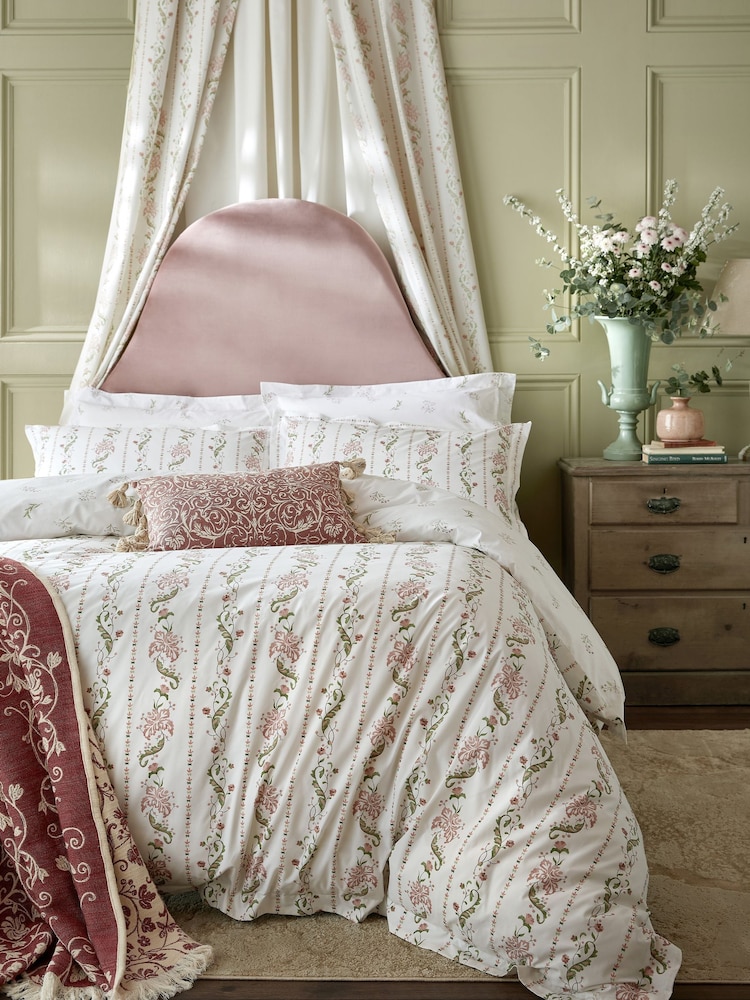 Historic Royal Palaces Clay Pink Sage Waistcoat Stripe 200 Thread Count Duvet Cover and Pillowcase Set - Image 1 of 7 Historic Royal Palaces Clay Pink Sage Waistcoat Stripe 200 Thread Count Duvet Cover and Pillowcase Set - Image 1 of 7