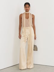 Reiss Cream Ellen Petite Satin Wide-Leg Drawstring Trousers - Image 1 of 8