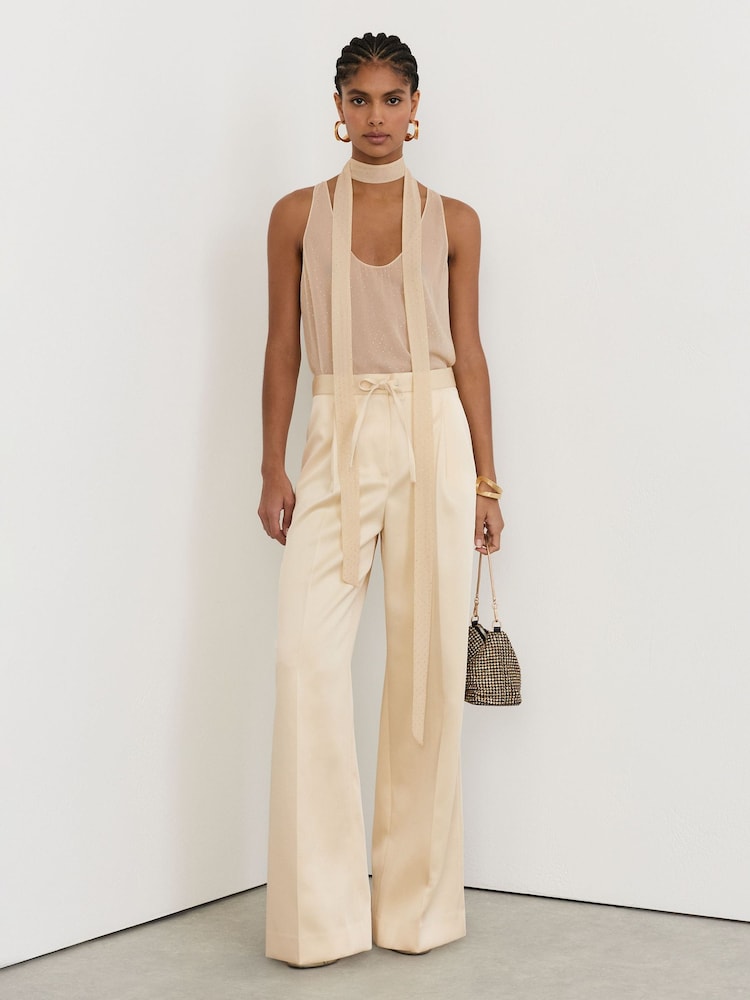 Reiss Cream Ellen Petite Satin Wide-Leg Drawstring Trousers - Image 1 of 8 Reiss Cream Ellen Petite Satin Wide-Leg Drawstring Trousers - Image 1 of 8