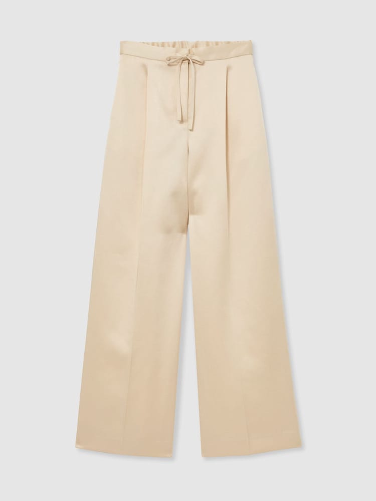 Reiss Cream Ellen Petite Satin Wide-Leg Drawstring Trousers - Image 2 of 8 Reiss Cream Ellen Petite Satin Wide-Leg Drawstring Trousers - Image 2 of 8