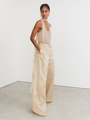 Reiss Cream Ellen Petite Satin Wide-Leg Drawstring Trousers - Image 5 of 8