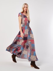 Apricot Pink Patchwork Smocked Waist Maxi Dress - Image 1 of 4