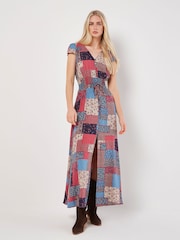 Apricot Pink Patchwork Smocked Waist Maxi Dress - Image 2 of 4