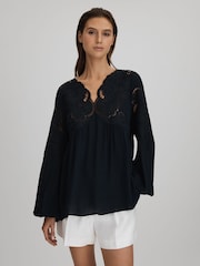Reiss Navy Noa Lace Cut-Out Blouse - Image 1 of 7