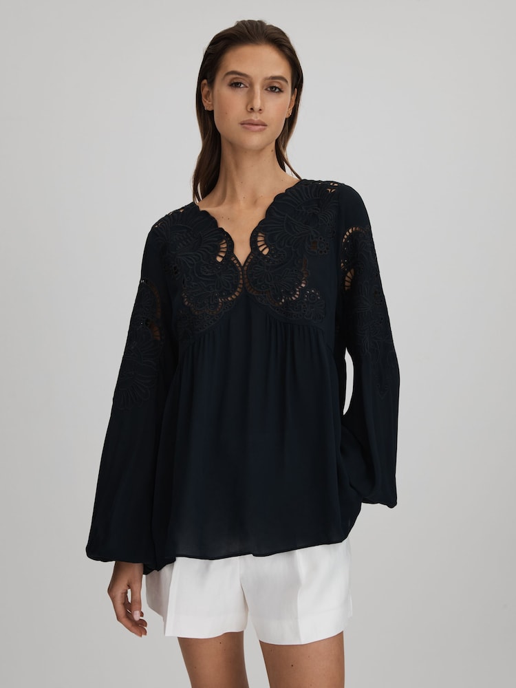 Reiss Navy Noa Lace Cut-Out Blouse - Image 1 of 7