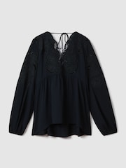 Reiss Navy Noa Lace Cut-Out Blouse - Image 2 of 7