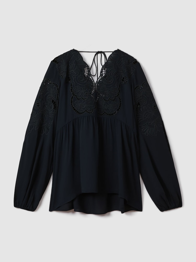 Reiss Navy Noa Lace Cut-Out Blouse - Image 2 of 7 Reiss Navy Noa Lace Cut-Out Blouse - Image 2 of 7