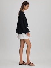 Reiss Navy Noa Lace Cut-Out Blouse - Image 3 of 7