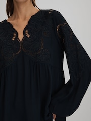 Reiss Navy Noa Lace Cut-Out Blouse - Image 4 of 7
