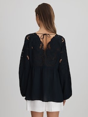 Reiss Navy Noa Lace Cut-Out Blouse - Image 5 of 7